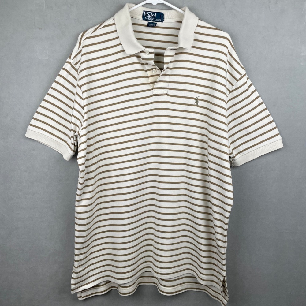 Vintage 90s Polo Ralph Lauren White Tan Striped Short Sleeve Cotton Polo Shirt L